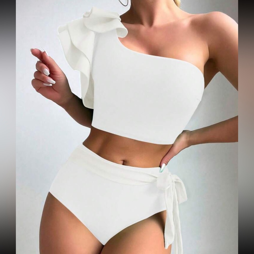 Black Swimsuit Swear wear Ruffle Trim One Shoulder Top High Waist Bottom - Picture 13 of 15